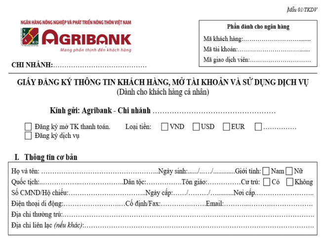 Mẫu giấy đăng ký mở tài khoản Agribank